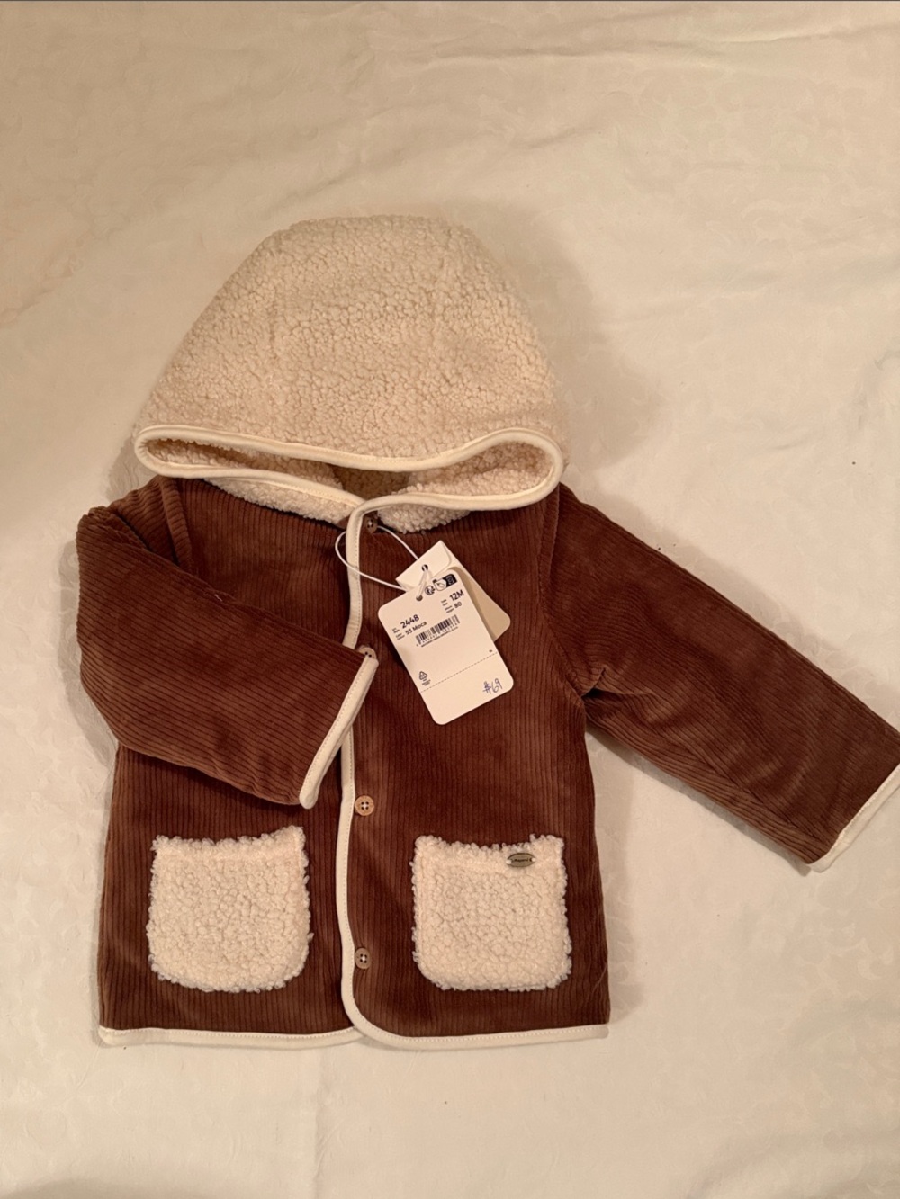 Mayoral Brown Corduroy Pea Coat with Cream Sherpa Hood